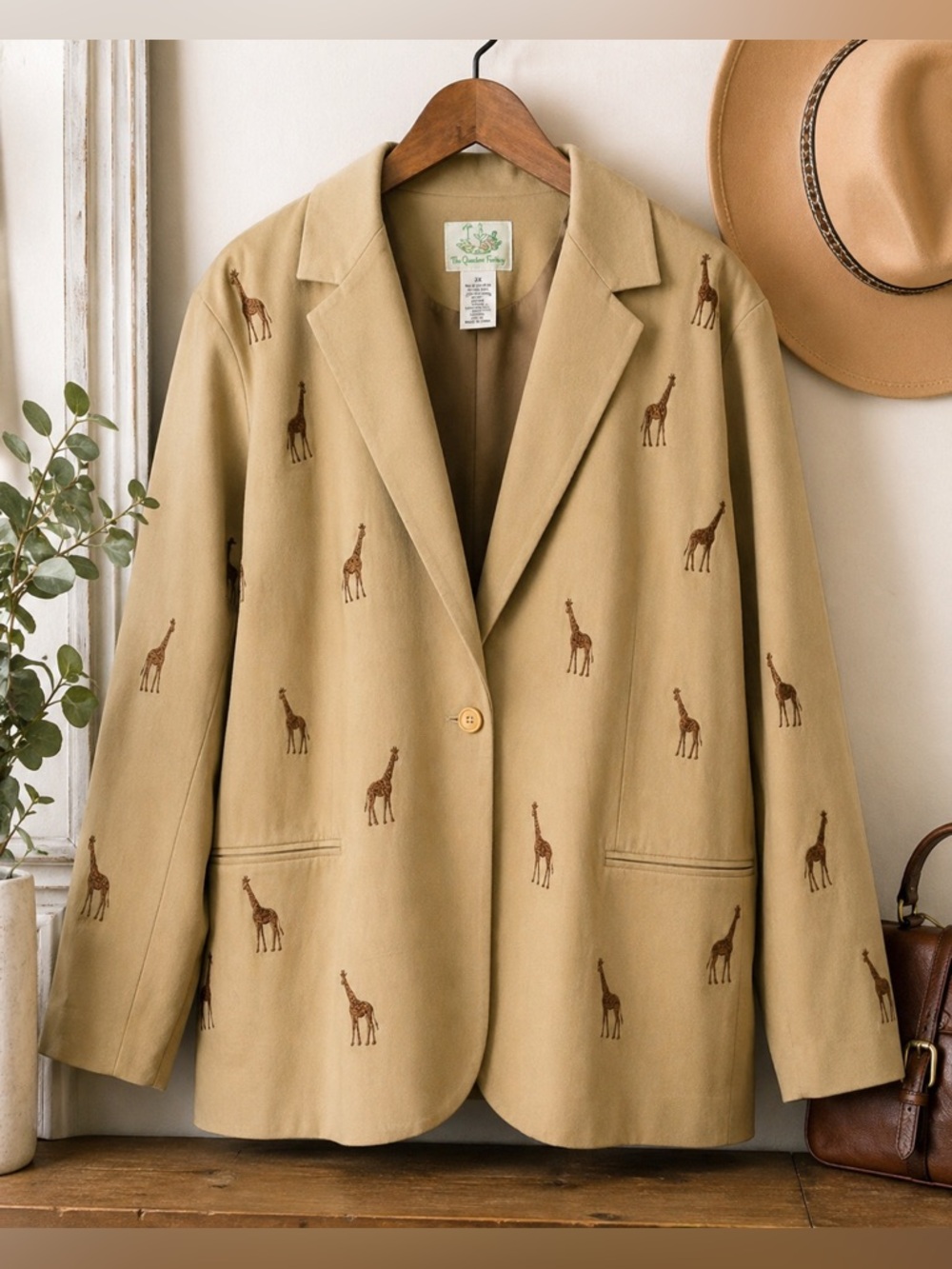 VTG The Quacker Factory 3X Embroidered Giraffe Blazer Camel Khaki Retro Safari